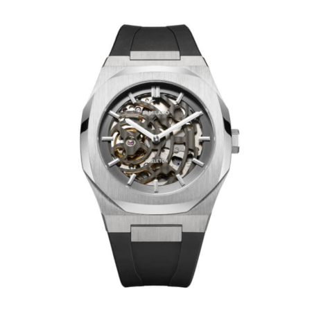 skrj01-2 P701 Automatic Skeleton Watch Silver Case with Black Strap