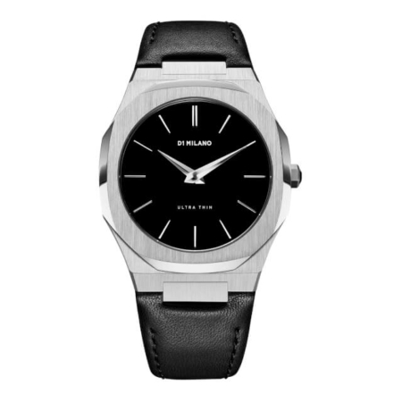 utlj01 Ultra Thin Watch Silver, Black Leather strap