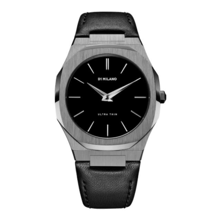 utlj02 Ultra Thin Watch Gun Metal, Black Leather strap